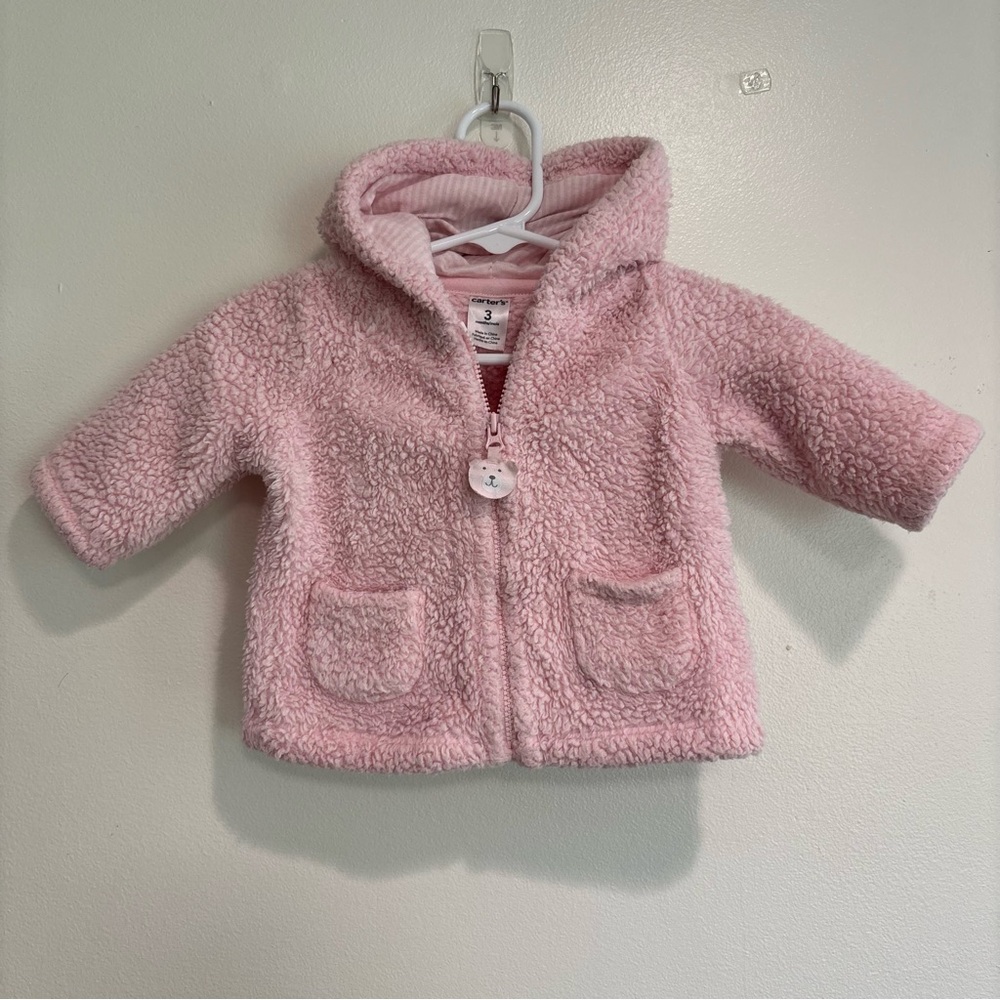 Carters 3 month fur zip up jacket pink with bear ears Sherpa material baby girl